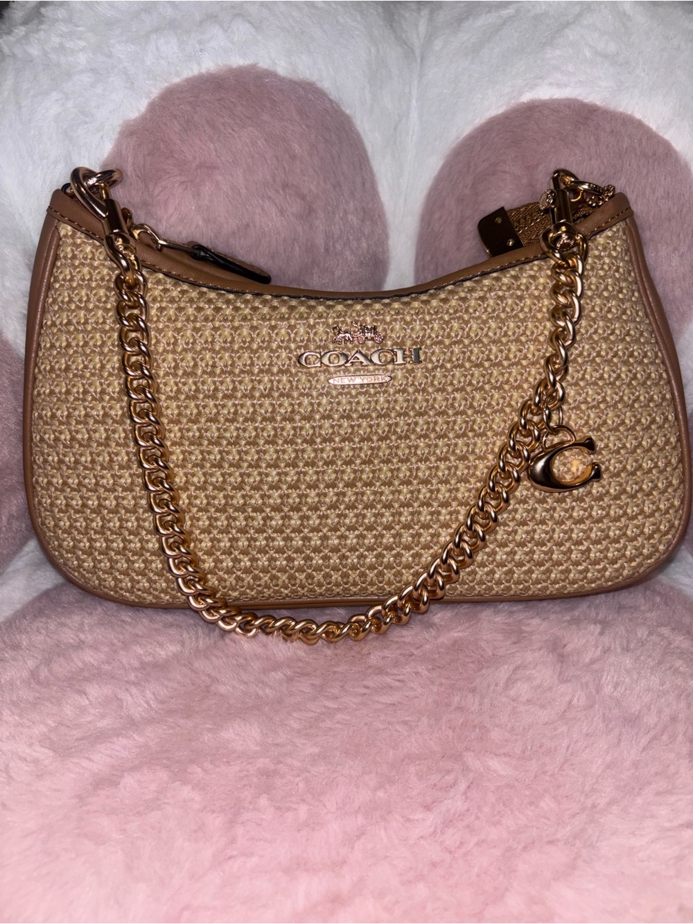 Coach Straw-Weave Shoulder Bag with Gold Chain